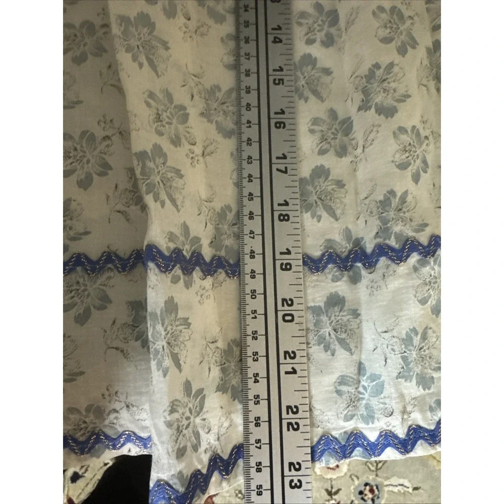 Handmade White Linen Apron Blue Floral‎ Embroidery Adjustable Tie Waist